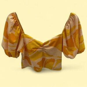 Zara Yellow and Orange Marble Puffy Sleeve Cropped Sweater